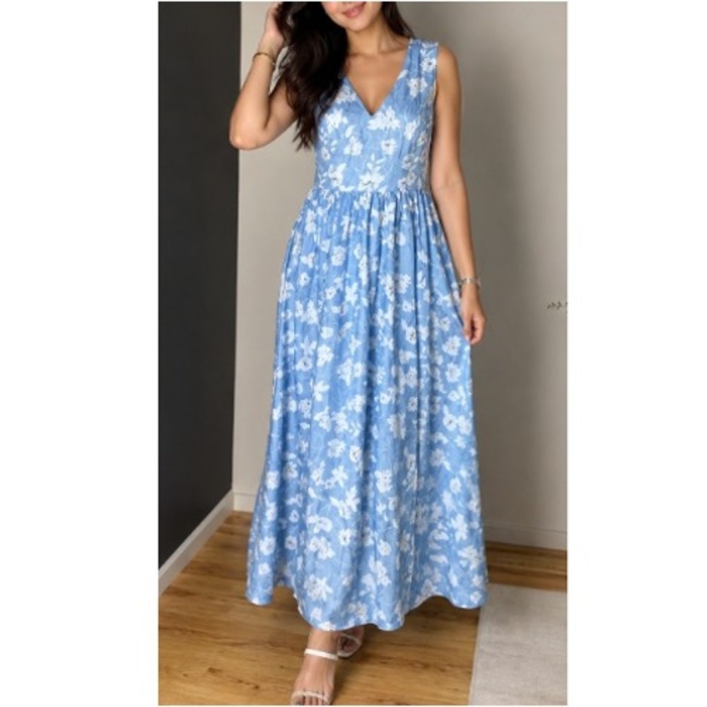 Fehaute Women's Light Blue White Floral Sleeveless Maxi Dress Size XL NWT